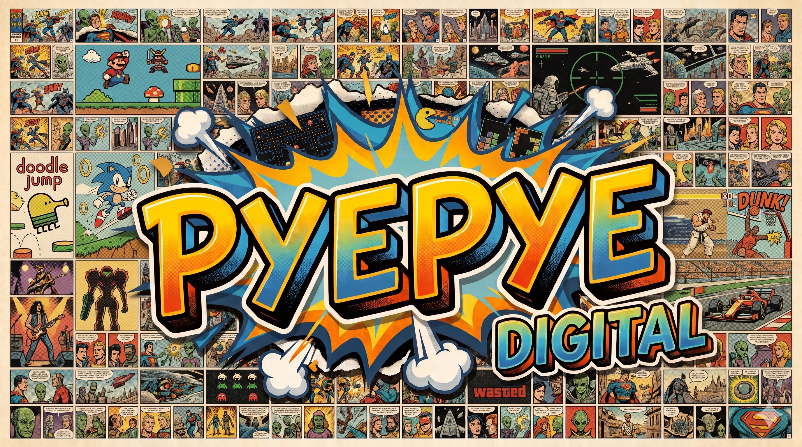 Pyepye Digital — renkli bir çizgi roman kolajı