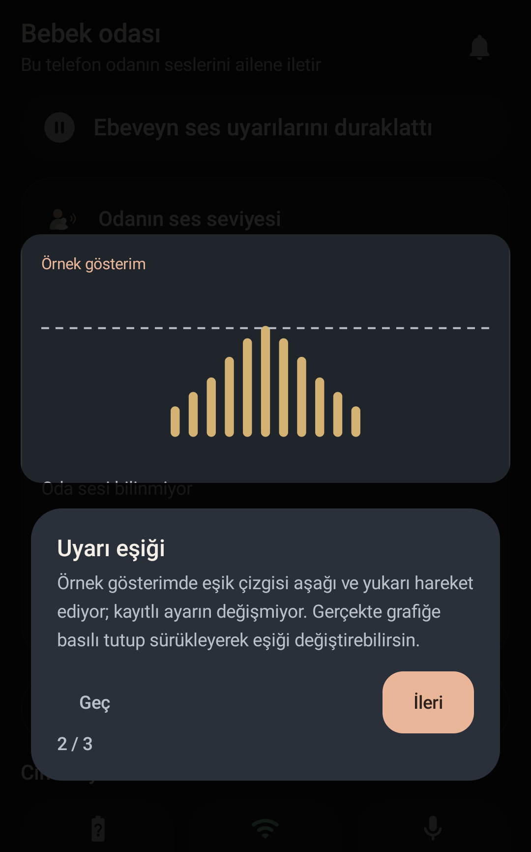 NiNi ses eşiği tanıtımı: sarı örnek ses grafiği ve kesikli eşik çizgisi.