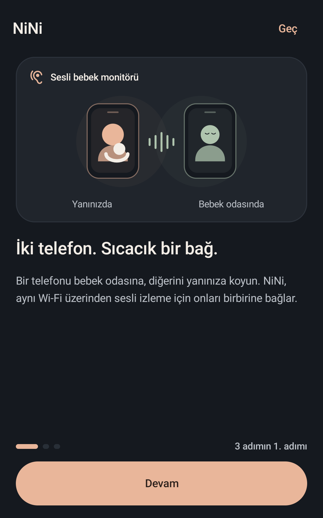 NiNi karşılama ekranında bebek telefonu ve ebeveyn telefonu rolleri.